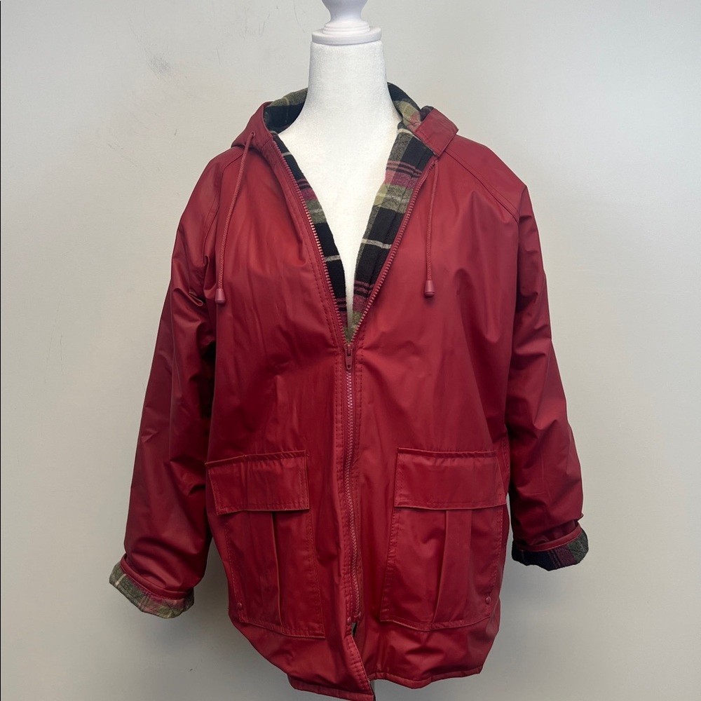 Misty Harbor Women's Warm Quilted Hooded Red Plaid Raincoat Size M